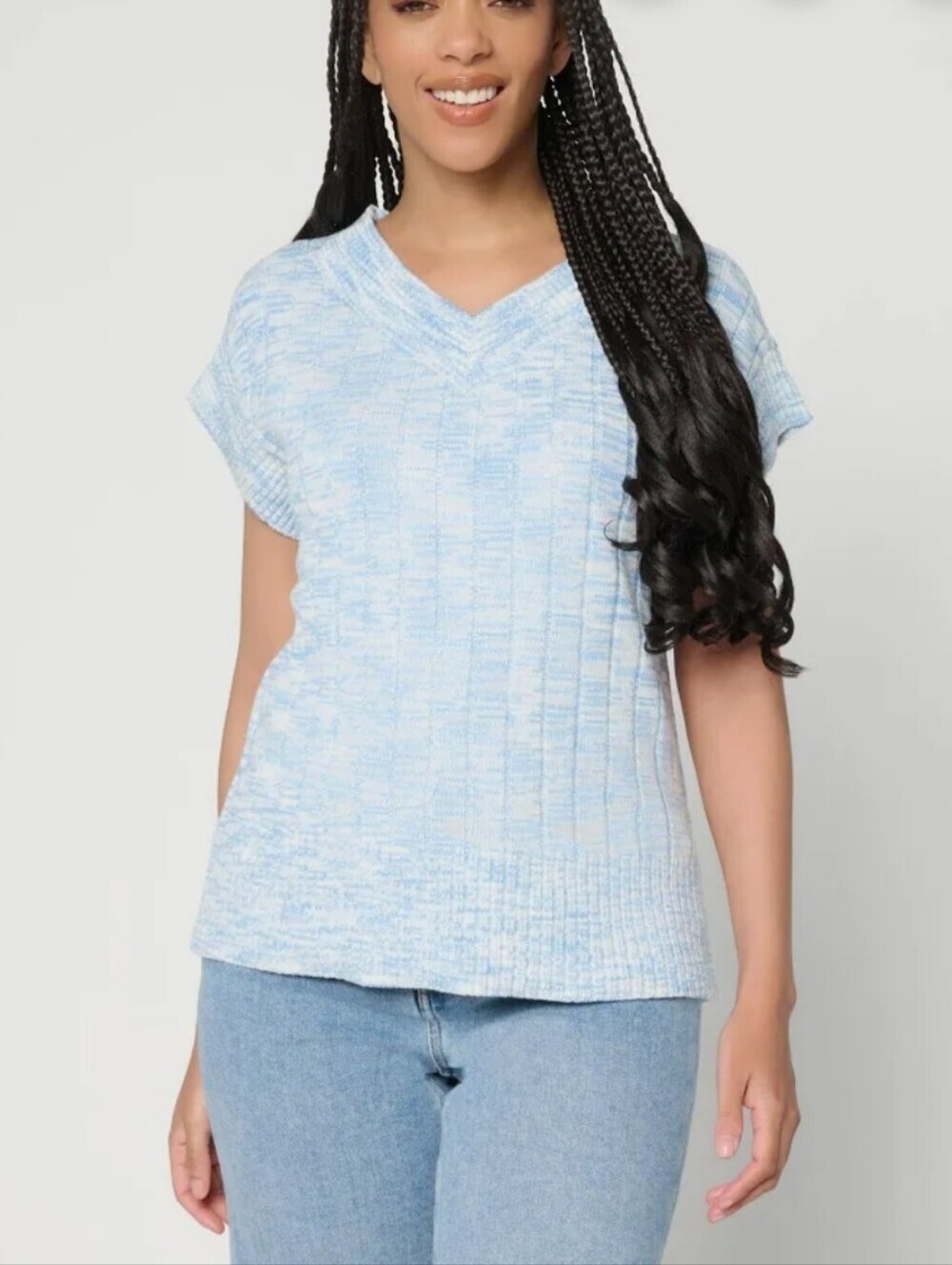AnyBody Spacedye V-Neck Cap Sleeve Pullover Sweater XS Cloud Blue Marled Knit